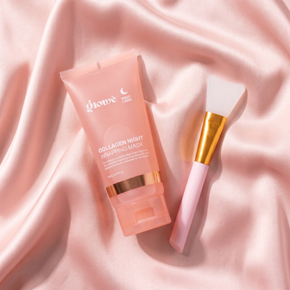 Glowé Collagen Night Wrapping Mask with silicone applicator brush on pink silk