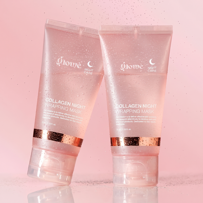 Two Glowé Collagen Night Wrapping Mask tubes with fresh water mist