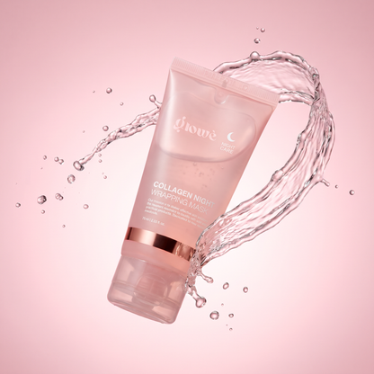 Glowé Collagen Night Wrapping Mask tube with collagen serum splash