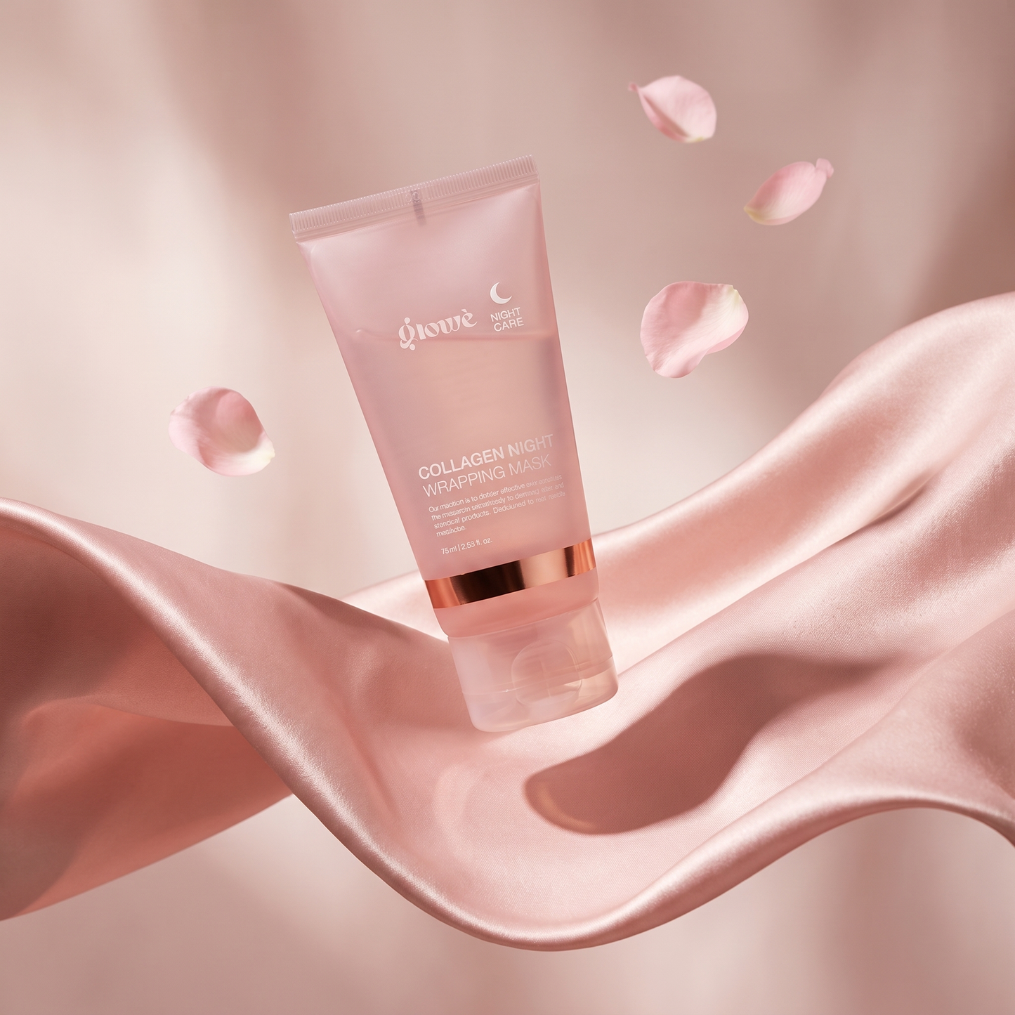 Glowé Collagen Night Wrapping Mask floating over pink silk with rose petals
